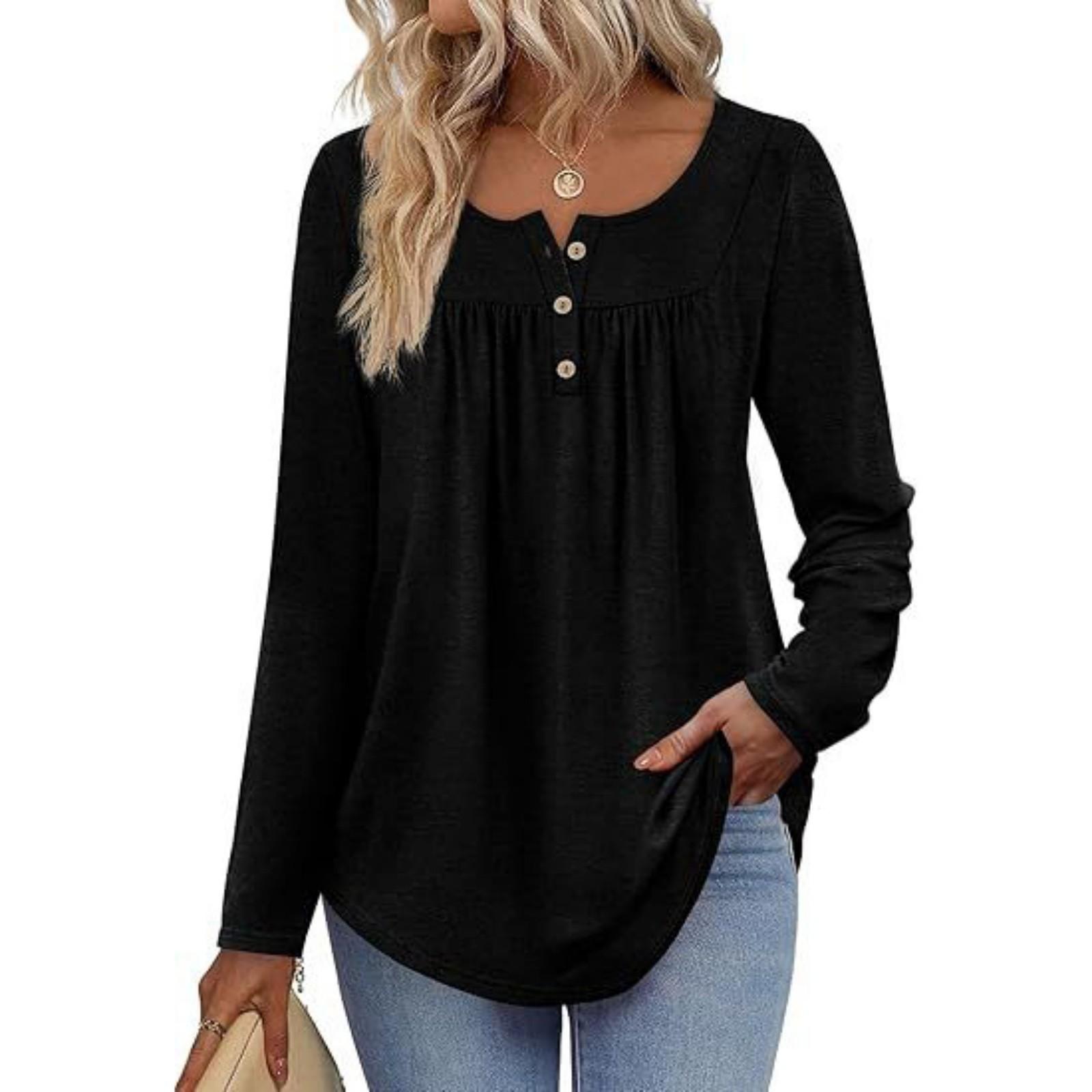 

Fashionable Women s Long-sleeved Shirt Fashion Round Neck Casual Pleated Button Top T-shirt M чорний