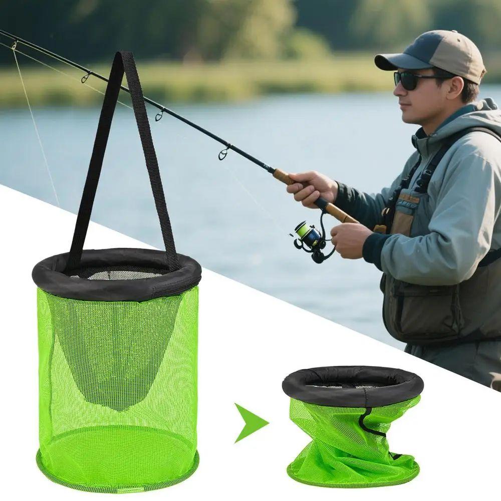 Drawstring Closure Foldable Fishing Basket Durable Mesh Live Fish Net Fishing Gear Tackle