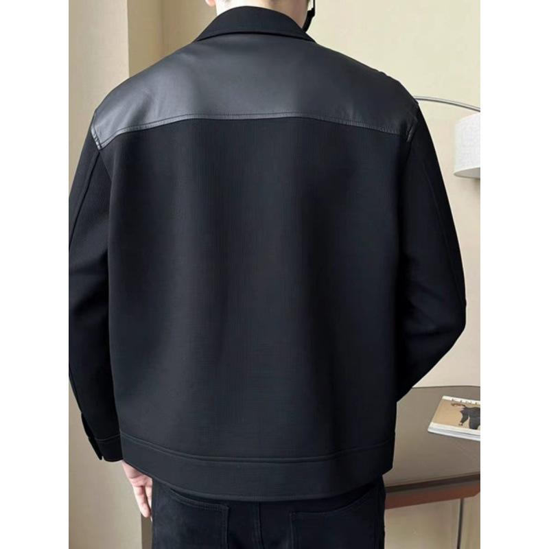 PU Leather Splicing Jacket Jacket Men's Trendy Brand Trend High-end Thickened Top Autumn and Winter New Clothes