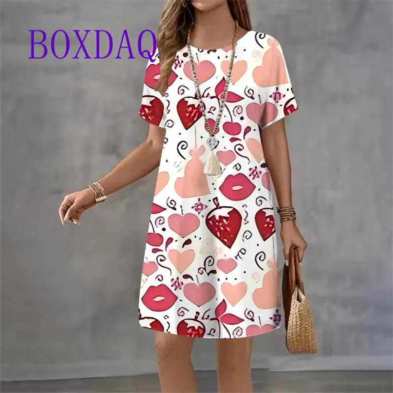 Vintage Print Women Dresses Fashion 2025 Short Sleeve Summer Elegant Sundress Loose Casual Love Print Ladies Mini Dress Vestidos