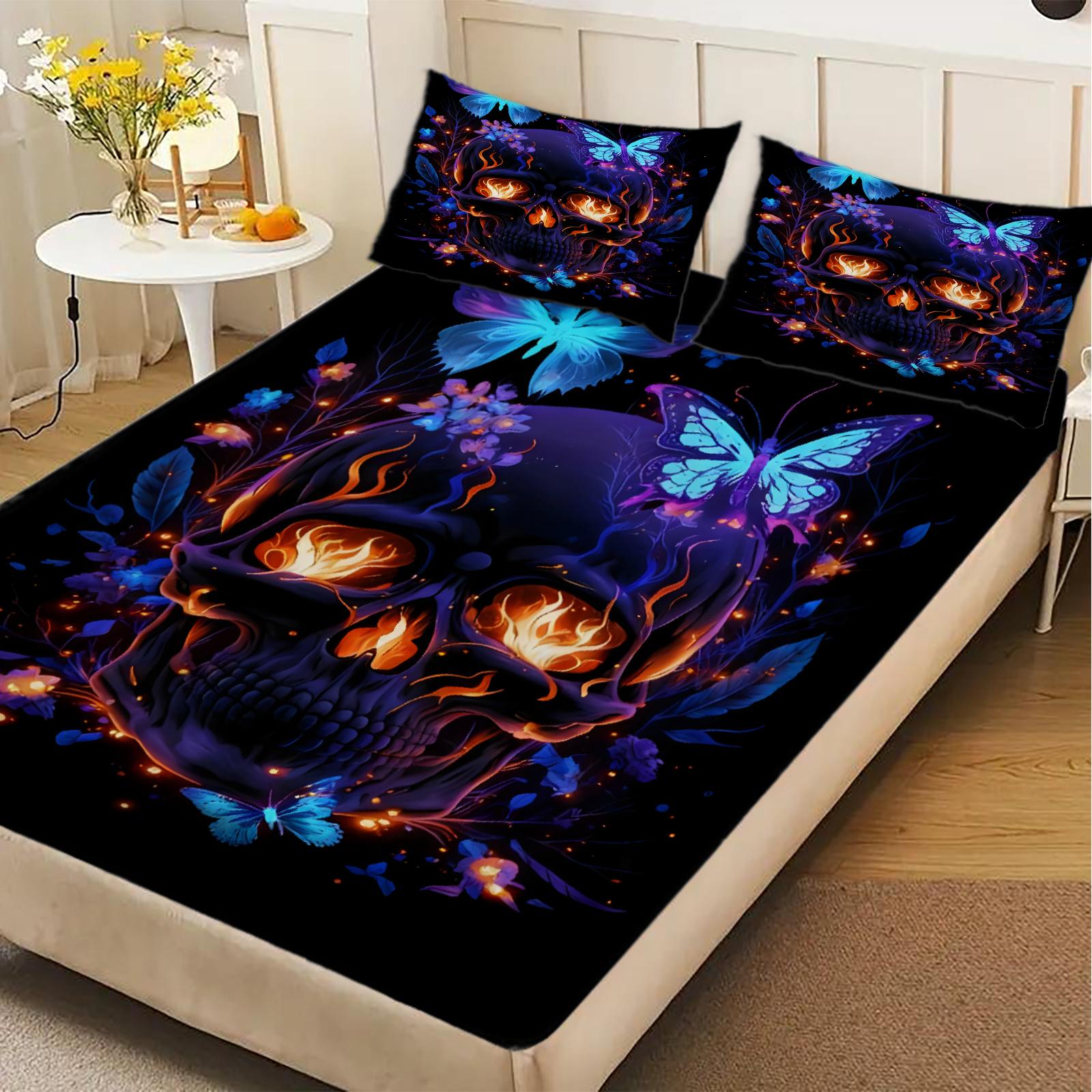 

1pc Gothic Purple Skull Print Fitted Sheet 100% Polyester Durable Bedding Set Sheet for Home Bedroom Decoration Birthday Gift 99x190x25cm