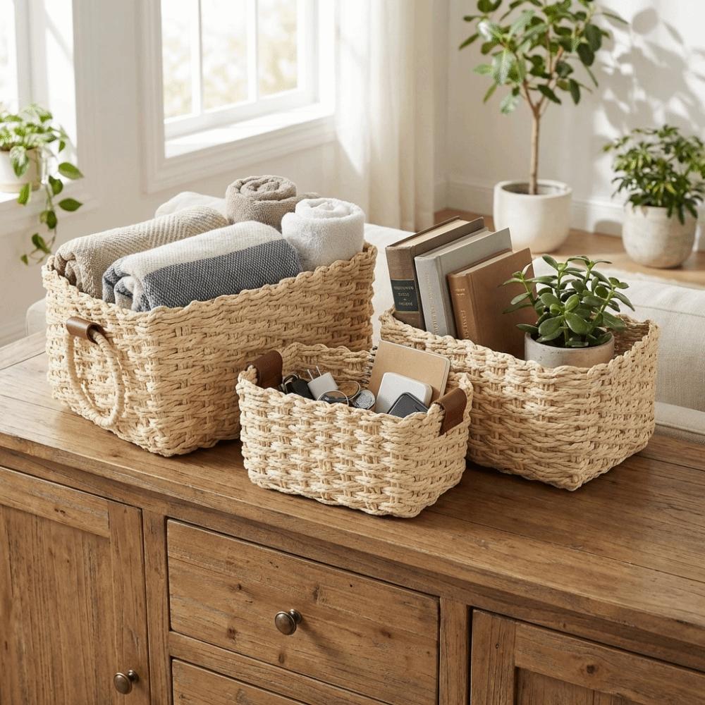 3 Stück Einfacher Papierseil-Aufbewahrungskorb Handgefertigter Geschenke-Aufbewahrungsbehälter Geflochtener Aufbewahrungskorb Büro