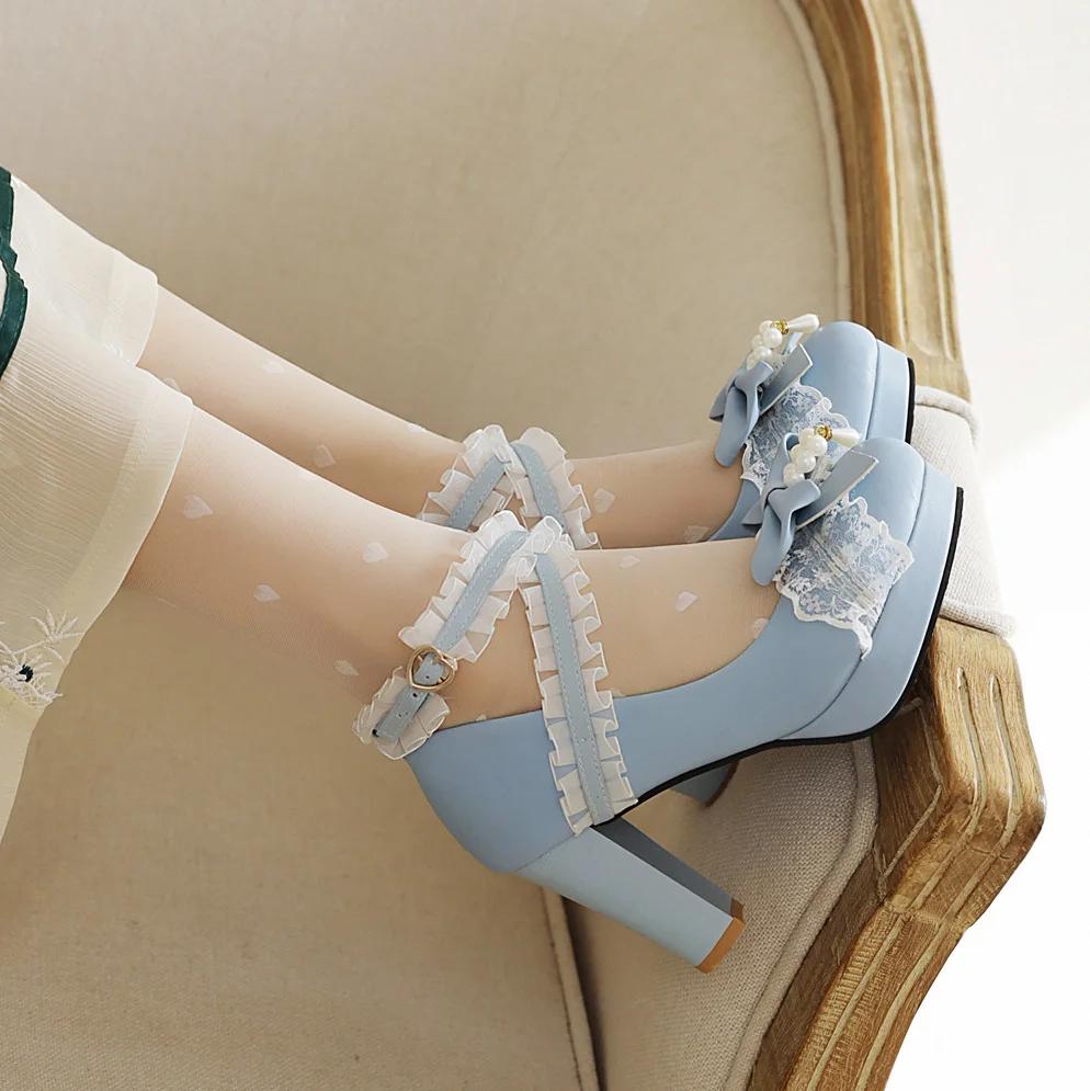 Fashion 2025 Summer New Ladies Platform Heels Cute Bow Lace Princess Mary Jane Lolita Shoes Party High Heel Buckle Women Pumps Pink 32