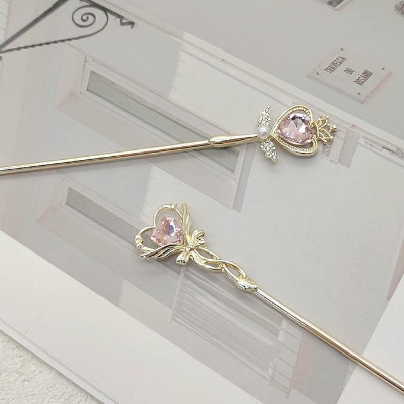 Exquisite Rhinestone Pearl Hair Sticks Sweet Hollow Heart Bow Crown Alloy Jewelry for Women Girls Fashion Party Hair Accessories