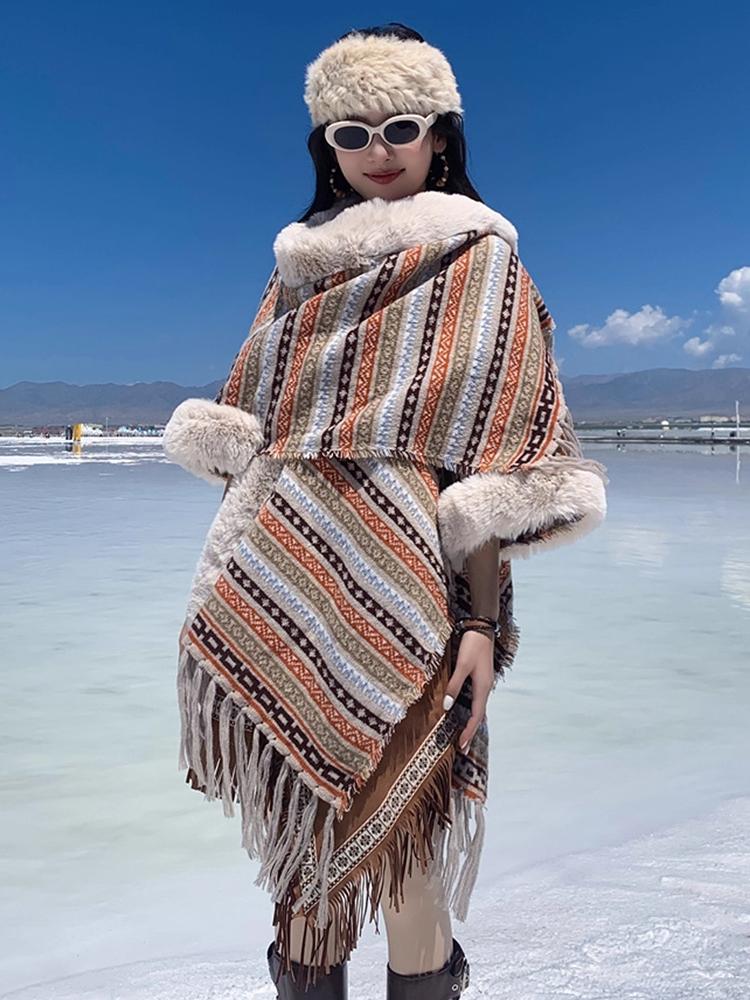 Winter Women Scarf Layers Poncho Elegant Lady Striped Print Tassel Wraps Shawl Hairy Scarve Capa Para Mujer Pashmina Cloak Boho