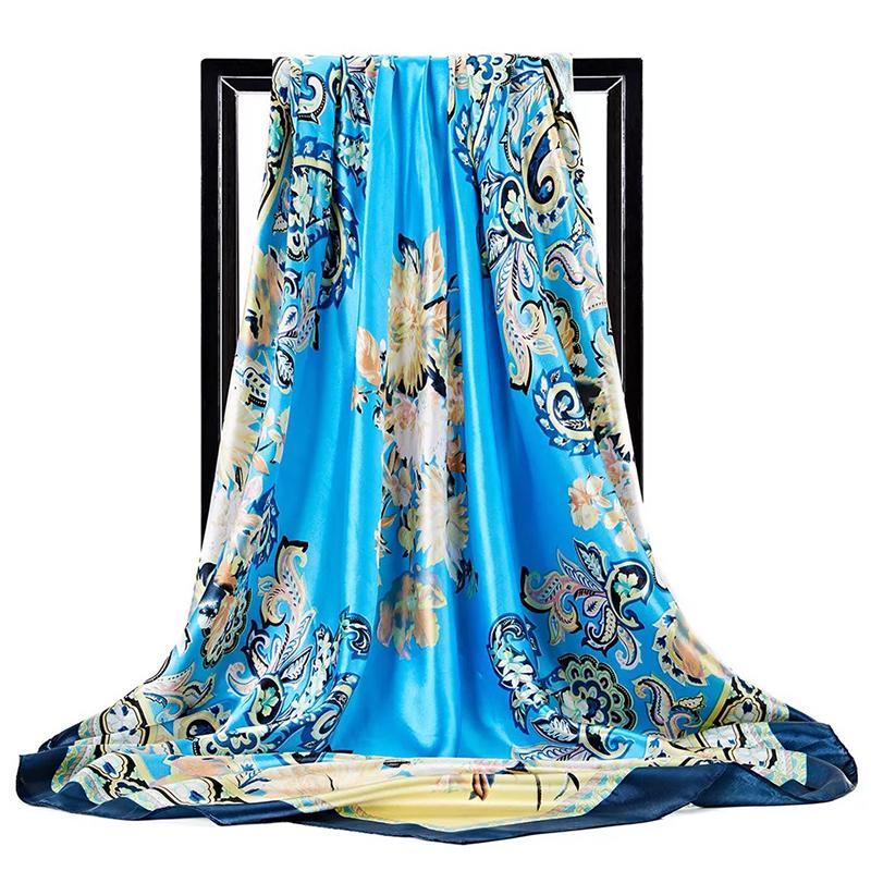 Fashion Scarves For Women Print Silk Satin Head Scarf Female 90cmx90cm Luxury Brand Square Shawl Large Hijab Scarfs For Ladies