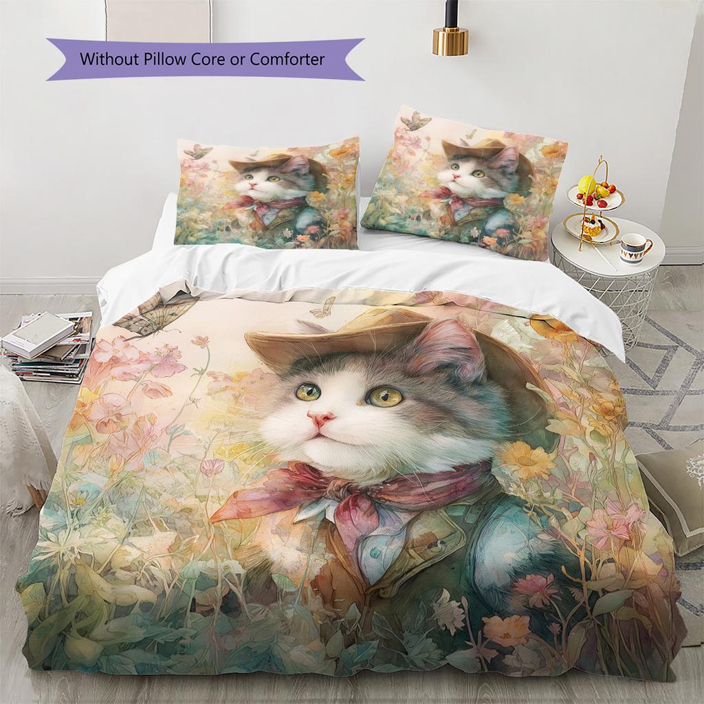 Set Copripiumino Trapuntato con Fantasia Gatto con Cappello Vintage Decorazione per la Casa Regalo (1 * copripiumino + 2 * federa, senza nucleo)