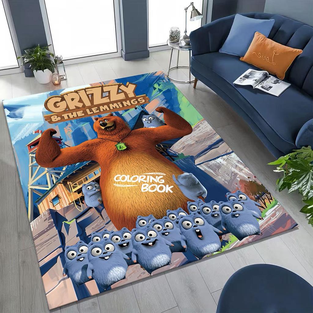 Covor amuzant Grizzy și Lemingii Desen Animat pentru Dormitor Sufragerie Canapea Preș de Intrare Decor, Covor Mare Non-alunecos pentru Joacă Copii