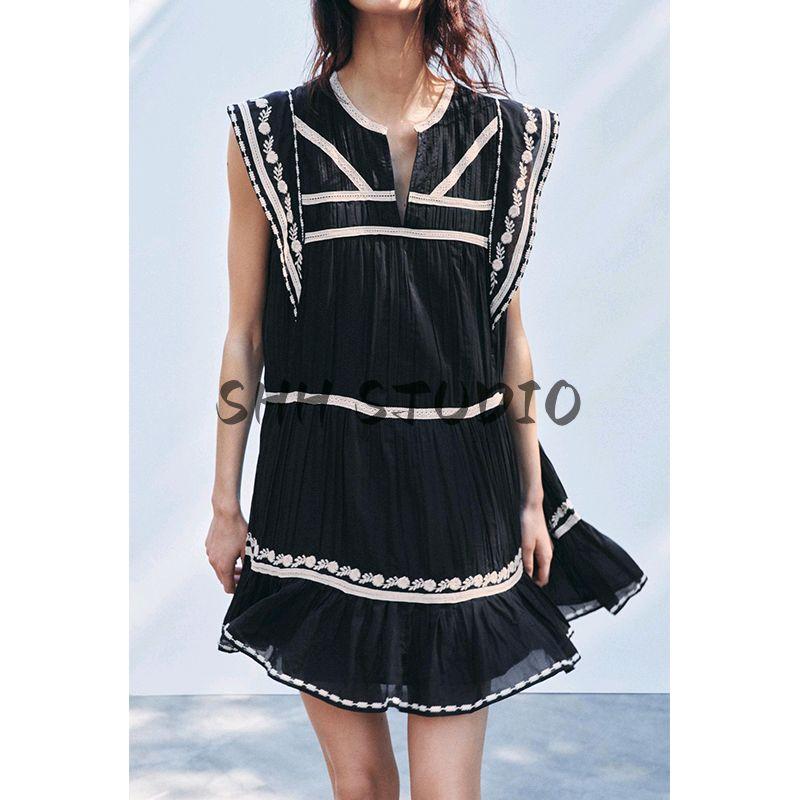 Spring and Summer New Women's Clothing Cotton round Neck Laminated Decoration Contrast Color Embroider Sleeveless Dress 5107049
