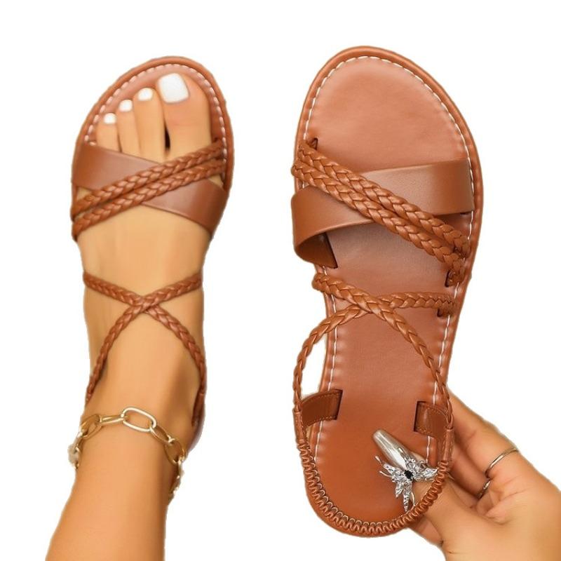 Large size 25 summer new woven belt open-toed flat-soled sandals women wear elastic beach sandals