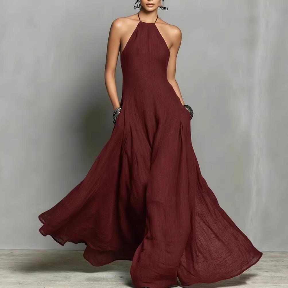 2026 European & American Spring/Summer Cotton Linen Blend Backless Sleeveless Long Dress XL