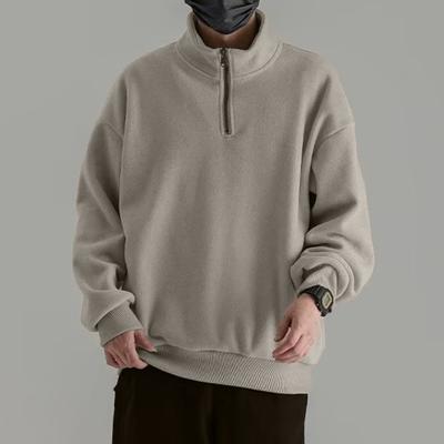 Yousheng Men Fall Winter Sweatshirt Half Zipper Stand Collar Retro Solid Color Double-sided Velvet Loose Pullover Long Sleeve Top for School Dating