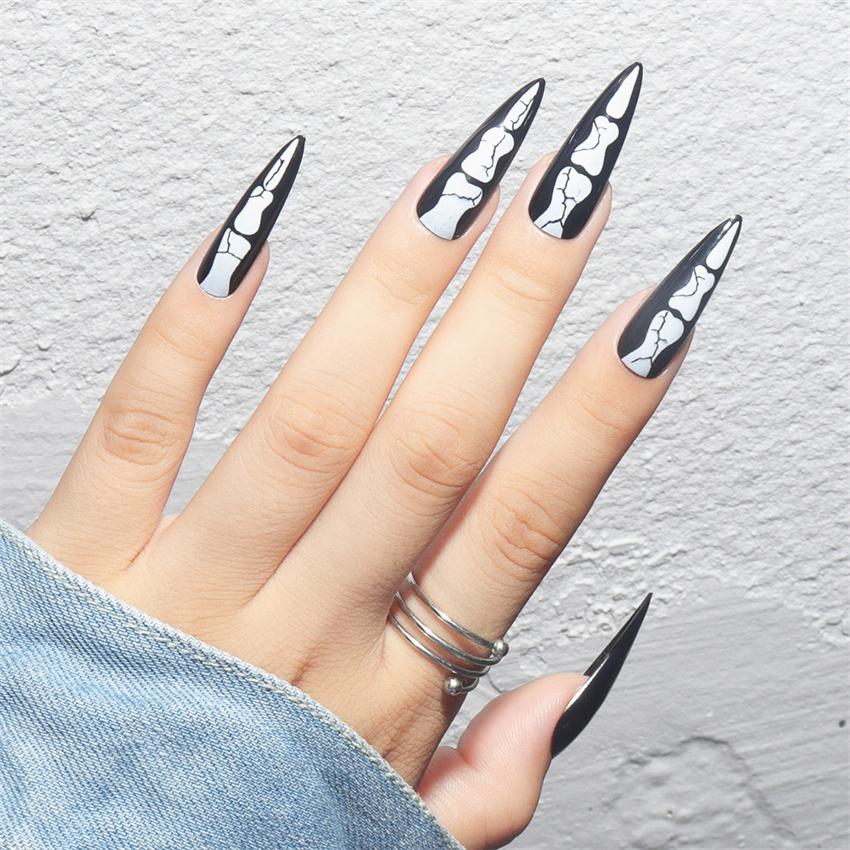 24Pcs Dark Punk Skeleton Long Coffin Ballet Press On Nails Reusable Fake Nail Kit Artificial Acrylic Tips