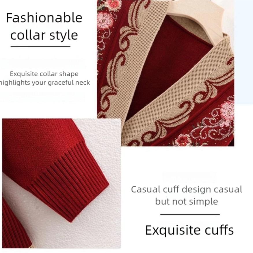 Ethnic Style Women's Thick Cardigan  Autumn Winter Embroidered Rhinestone V-Neck Knit Cardigan