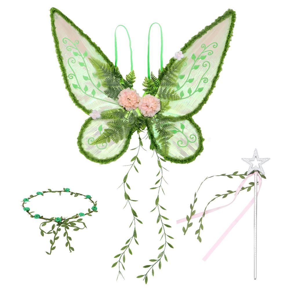 Conjunto de Coroa de Flores e Asas de Fada da Floresta Varinha Mágica Estilo Natureza Fantasia de Fada do Bosque Fantasia para Meninas Adereços de Fantasia para Crianças