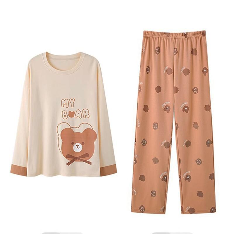 Pigiama Donna Set Pantaloni a Manica Lunga Comodo Semplice Ampio Carino Dolce Cartone Animato Orso Abbigliamento per la Casa Fuori Abbigliamento da Notte Vestiti per Ragazza