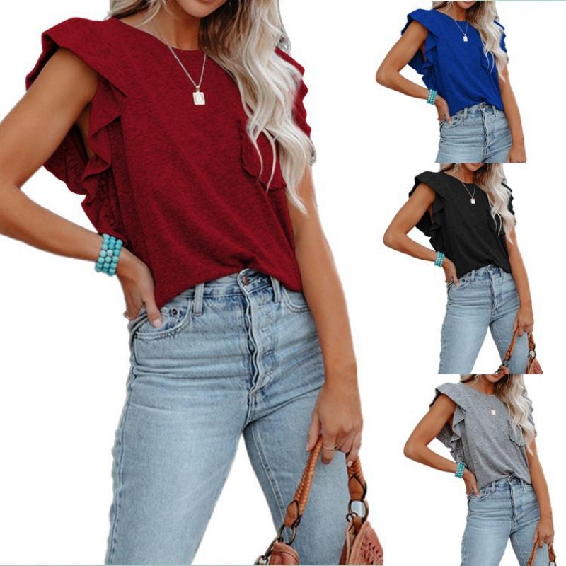 New 2026 Women's Round Neck Double Layer Ruffle Top Short Sleeve Casual T-Shirt
