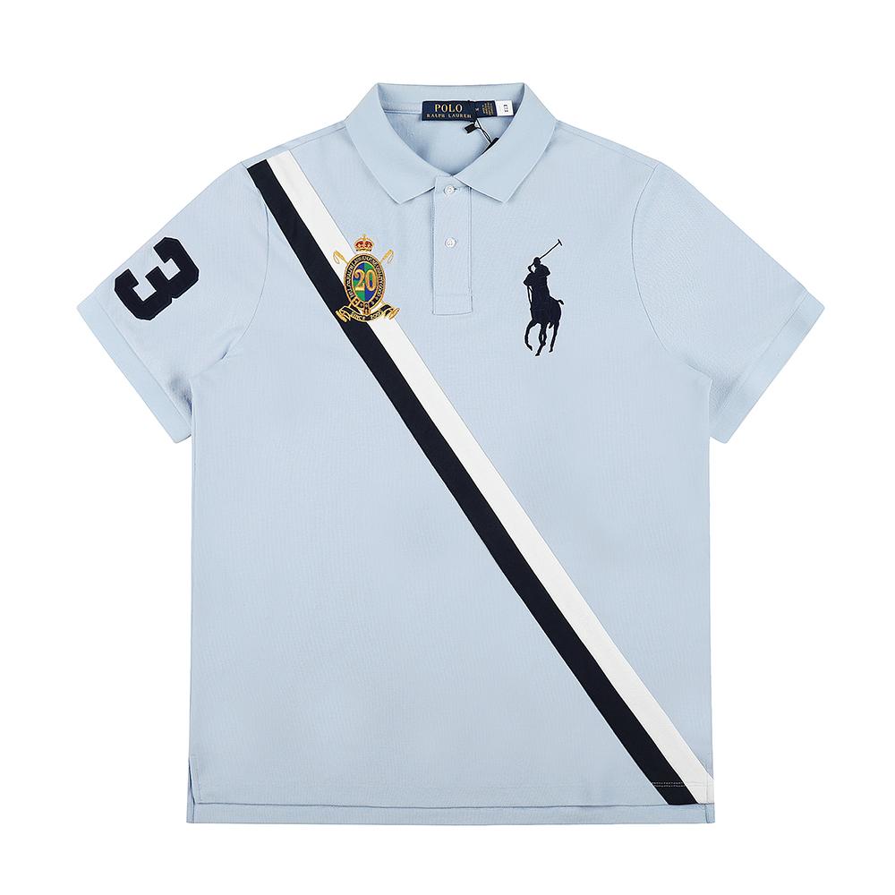 Changchun Lianju Ralph Lauren Zomer Heren- en Dames Piqu&eacute; Katoenen Poloshirt met Diagonale Streep, Wapenschild Embleem & Grote Pony Logo M hemelsblauwe kleur