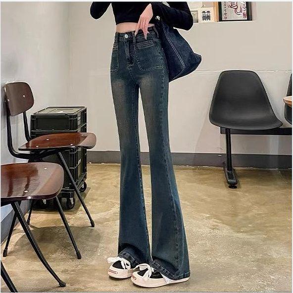 Women s Cement Grey High-Waisted Micro-Flare Jeans, Stretch Velvet, Slim-Fit, Floor-Length (Autumn/Winter 2025) S (Recommend 80-95 jin)