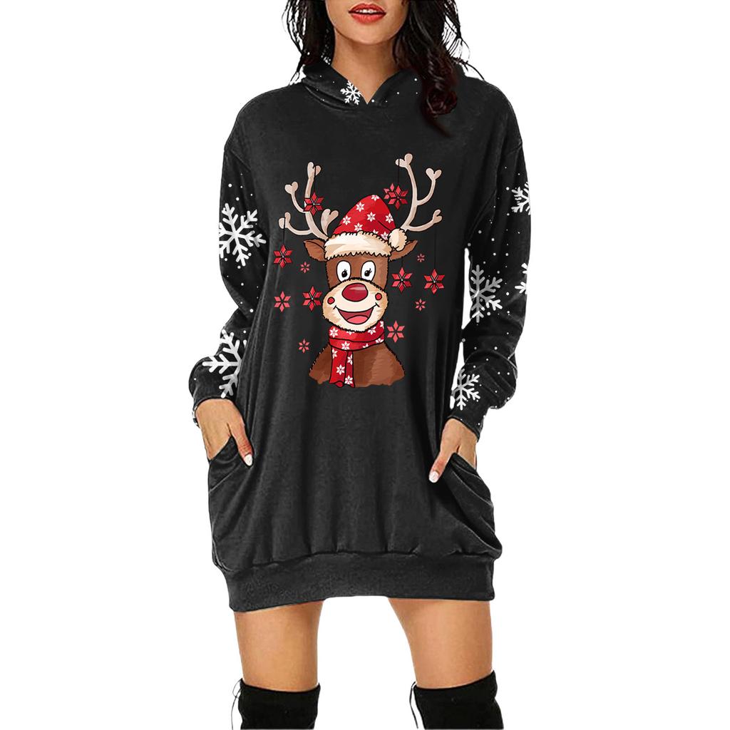 Rochie Pulover cu Glugă și Mâneci Lungi cu Buzunar și Imprimeu de Crăciun pentru Femei
