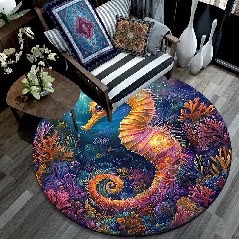 Seahorse Round Area Rug,Carpet Rug for Living Room Bedroom Sofa Playroom Decor,Non-slip Floor Mat