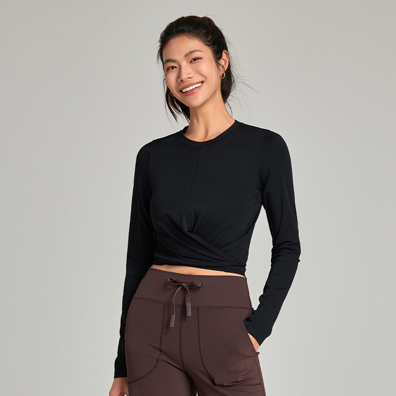 Nude Feel Casual Lace-up Waist-Controlled Skinny Exercise Top Round Neck T-Shirt Professional Running Fitness Clothes Long Sleeve Yoga Wear