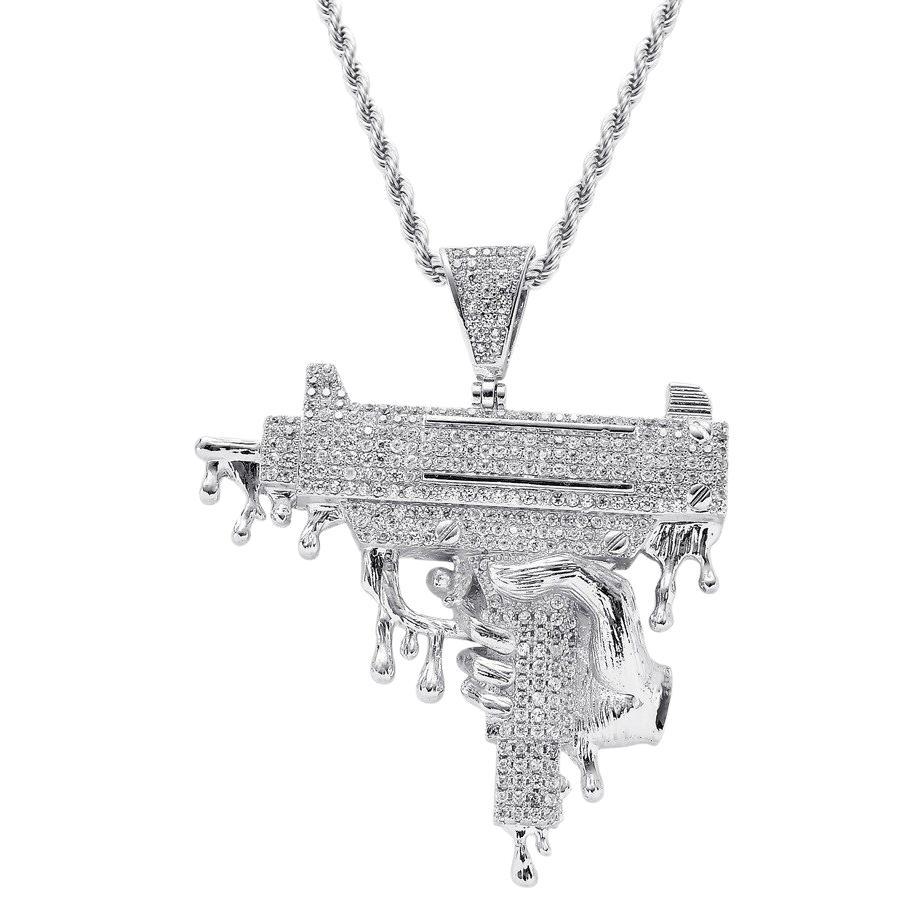 Hip Hop Submachine Gun Pendant, Pistol Machine Gun Pendant Necklace, Punk Cool Copper Inlaid Zircon Necklace, Hip-hop Pendant