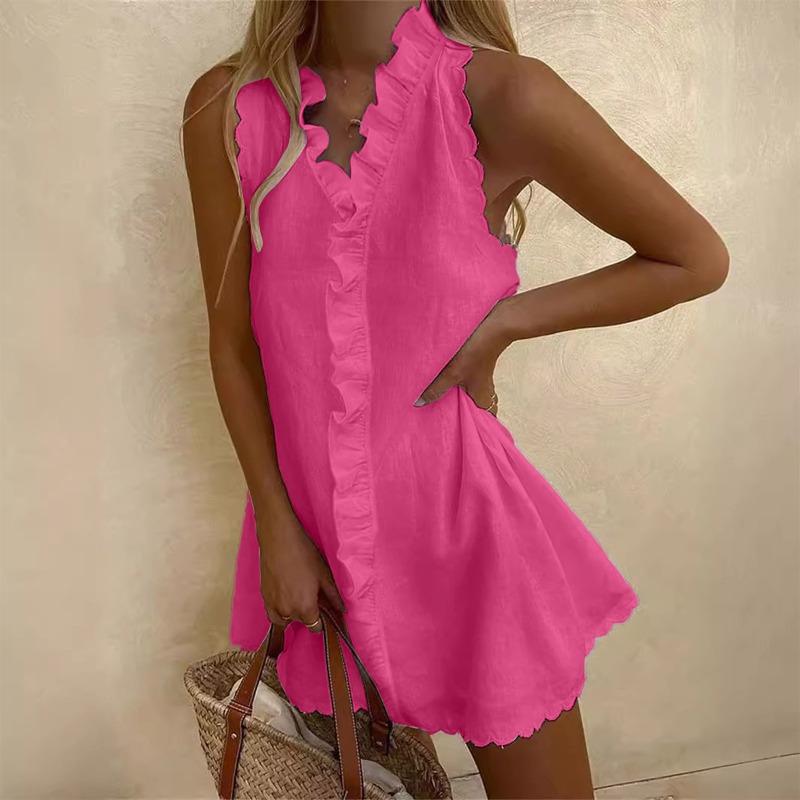 Fashion Summer Ruffled Sleeveless Casual Women Dress V Neck Solid Color Loose Simple Elegant Sweet A-line Party Short Dress Female Women's Clothing