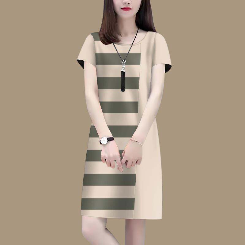 2025 Summer Loose Fit Ladies Round Neck Short-sleeved Dress Korean Style Striped Printing Fashion A-line Mid-length Dress