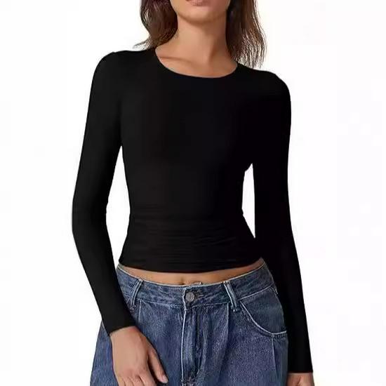European & American Long Sleeve Round Neck Milk Silk Pullover Tops for Women