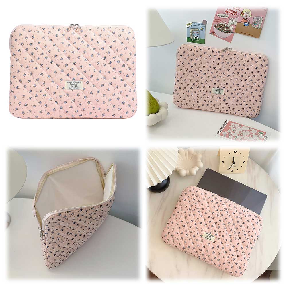 Korean Flower Printed Laptop Carrying Case Quilted Notebook Protective Sleeve Cute INS Grid Handbag for 11-15 Inch Laptop Tablet