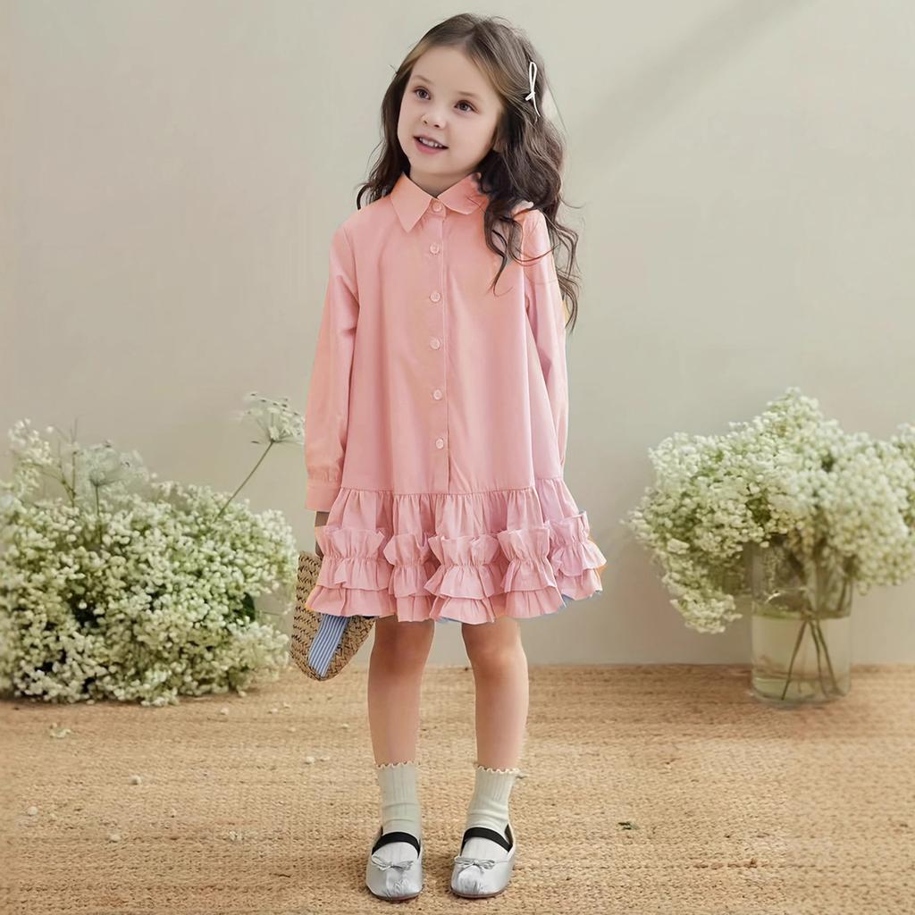 Girls' Fashion Long-Sleeved Shirt Collar Patchwork Tiered Skirt Colour Dress
