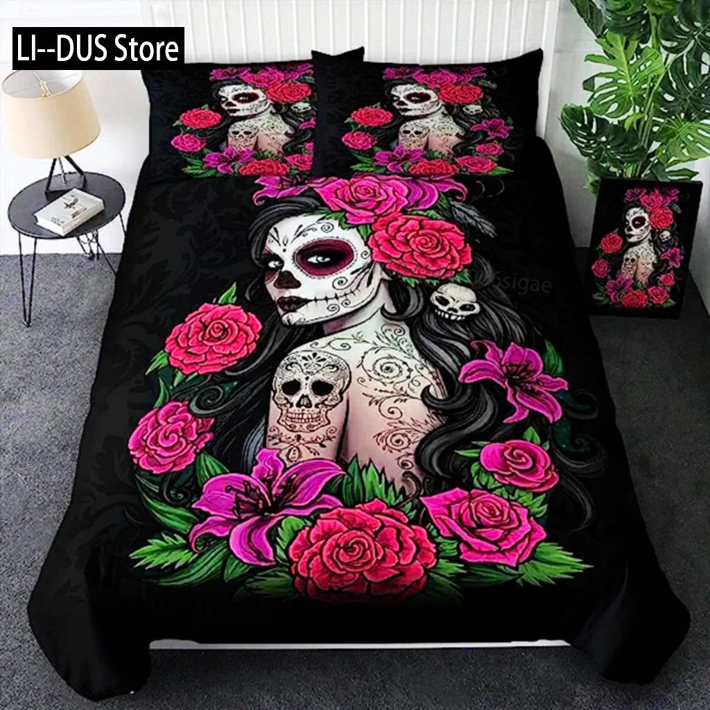 Sugar Skull Duvet Cover Teen Girl Bedding Set Sugar Skull Decor Bedding Skull Skeleton Roses Floral Print Duvet Cover Decorative