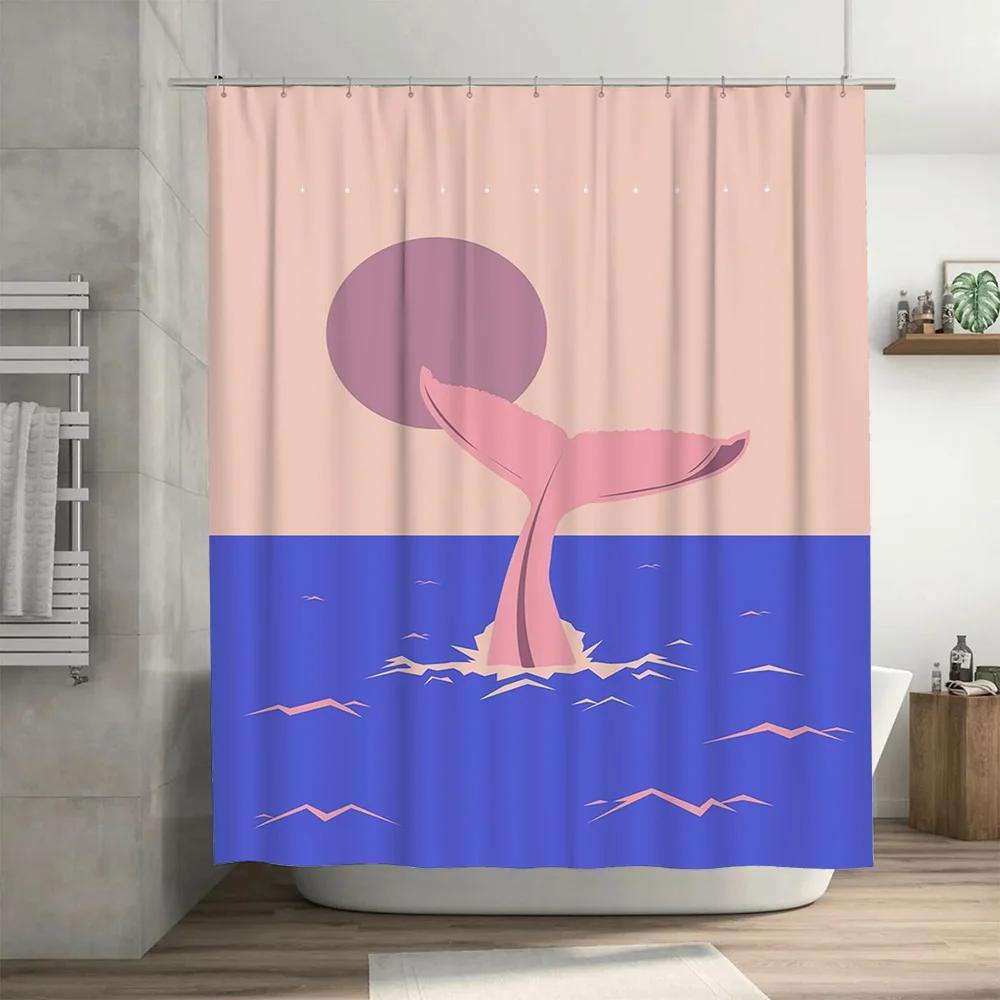 Modern Bath Shower Curtain Whale Tail Pink Blue Design for Bathroom Decor Waterproof Fabric with Hooks Set