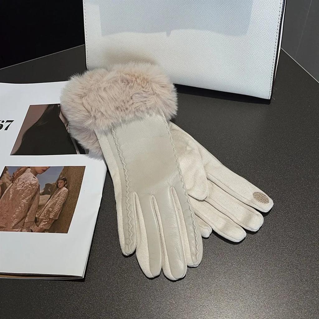 Luxury Women's PU Leather Gloves for Cold Weather Winter Warm Gloves with Soft Faux Fur Trim Cuff Thermal Lining Party Gloves