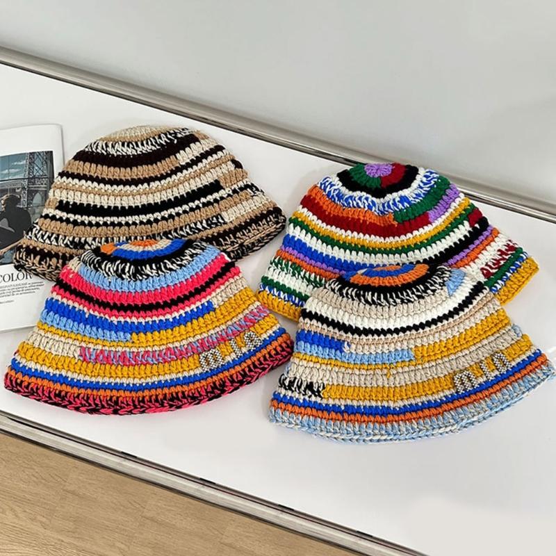 Sweet Girls Crochet Stripe Pattern Bucket Hat Cute Ladies Fisherman Cap Color Matching Woman Teens Winter Windproof Hat