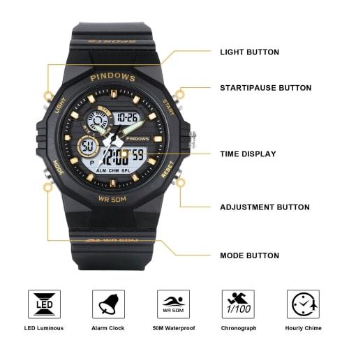 Reloj de Mujer PINDOWS, Resistente al Agua 50M, Reloj Deportivo Digital para Exterior con Multifunción, Luz de Fondo LED, Calendario, Alarma y Cronómetro