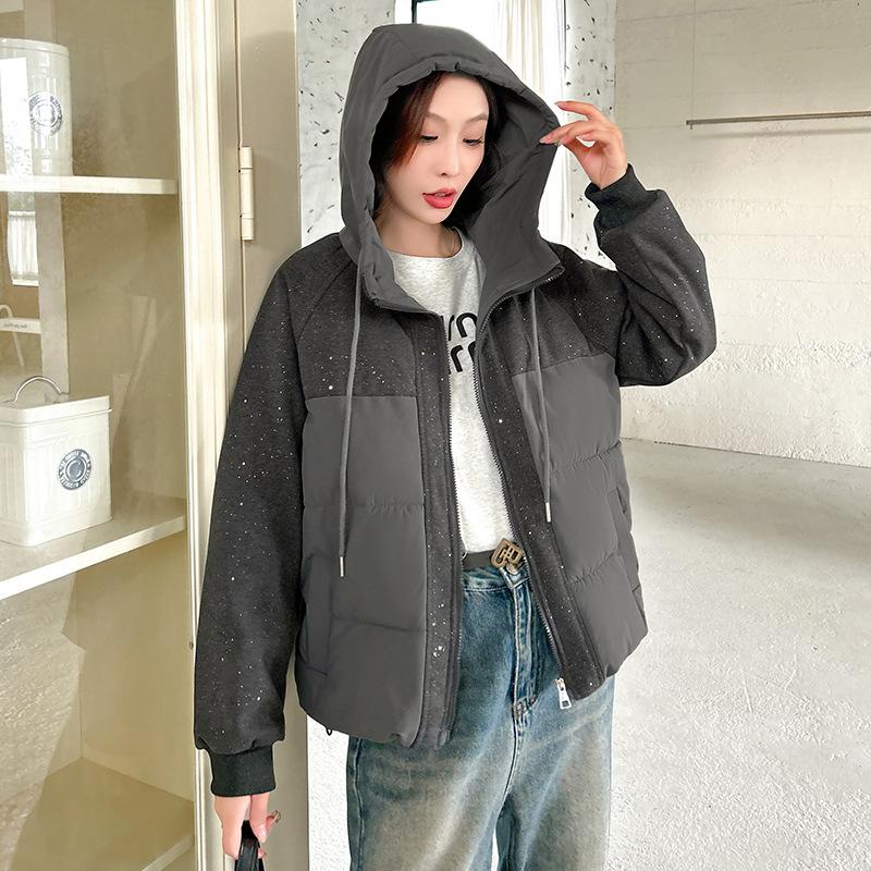 Sequins Chic Splicing Hooded Down Cotton Clothing Women's Jacket Autumn and Winter Fashion Exterior Design Cotton