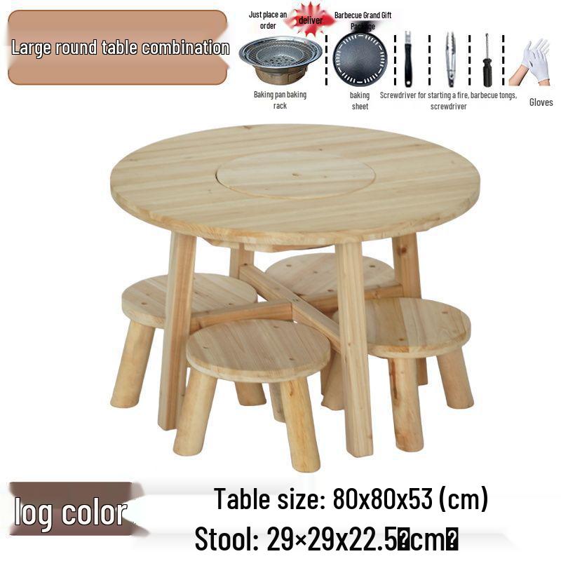 Outdoor Anti-corrosion Fire Pit Tea Table with Solid Wood and BBQ Function, Includes Indoor/Outdoor Chairs for Home Use