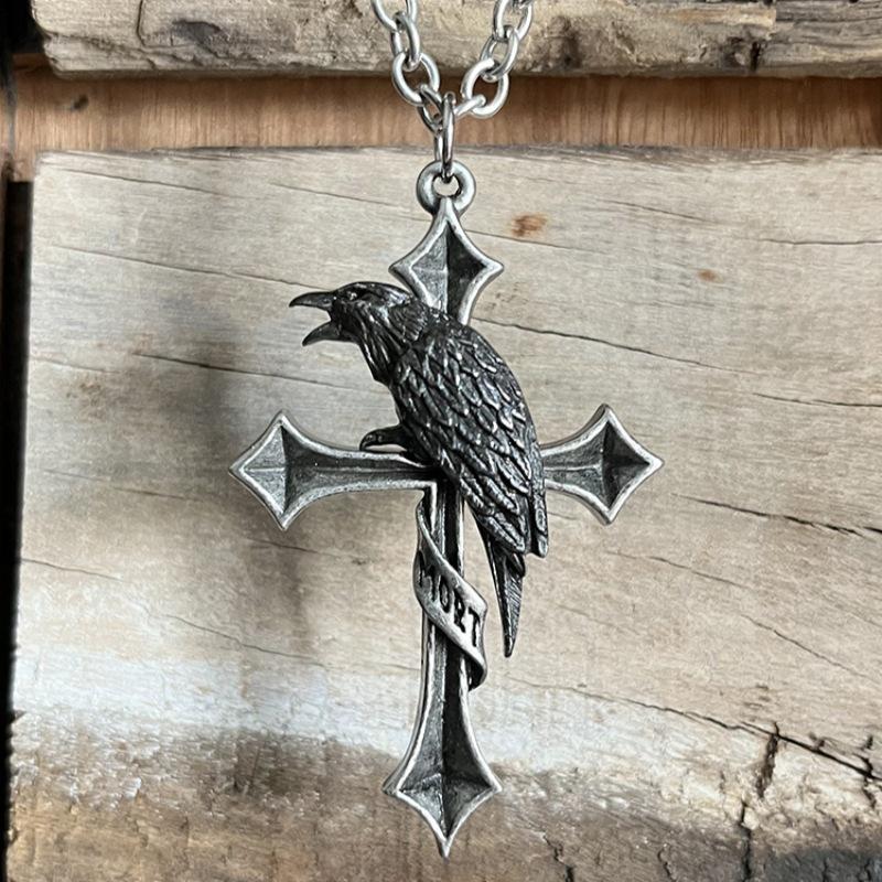 Gothic Punk Black Raven Cross Necklace: Trendy, Versatile Men's Jewelry in Euro-American Retro Dark Style.