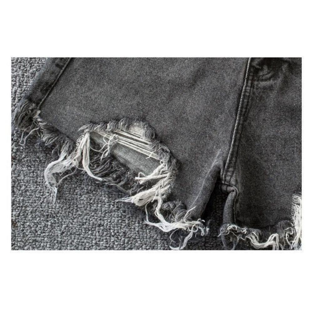 Grey Denim Shorts Women's Summer New Style Tassel High Waist Rough Edge Loose Hole Pants