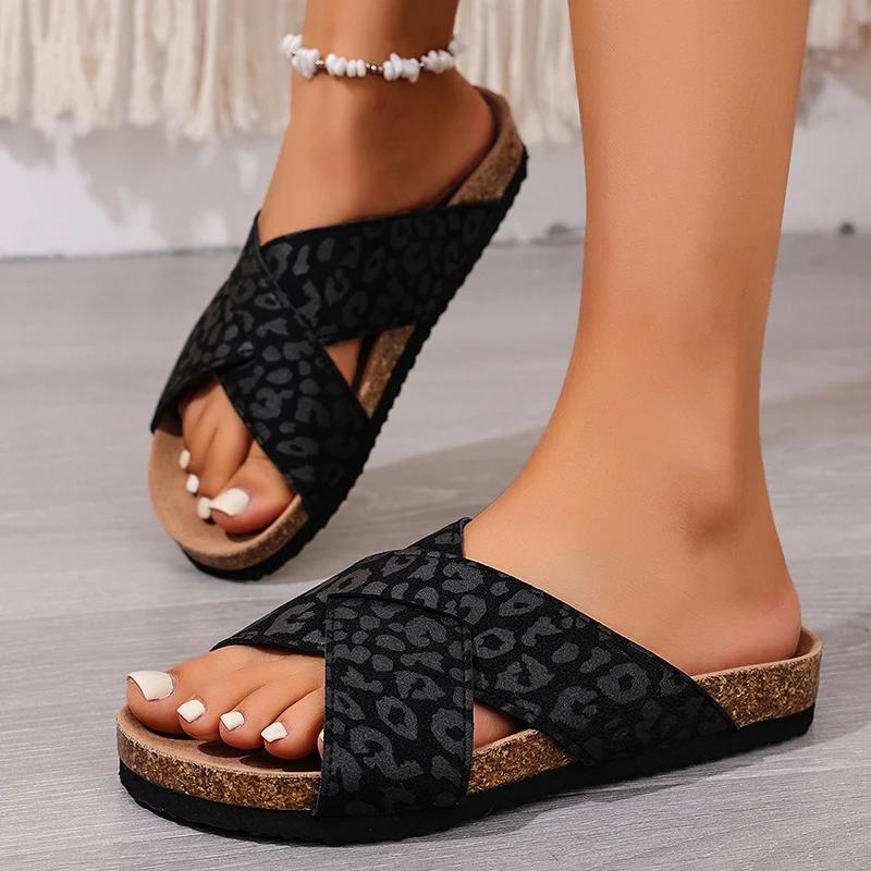 Fashion Fashion Leopard Print Cross Band Slippers Women 2025 Summer Plus Size Platform Sandals Woman Non Slip Beach Flip Flops Female 43