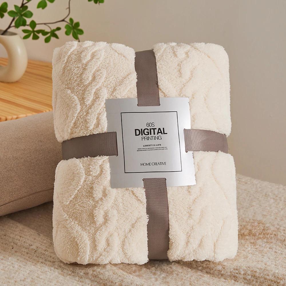 Coral Fleece Velvet Blanket Solid Double Sided Jacquard Geometric Pattern Thickened Blanket Bedspread Plaid Blankets