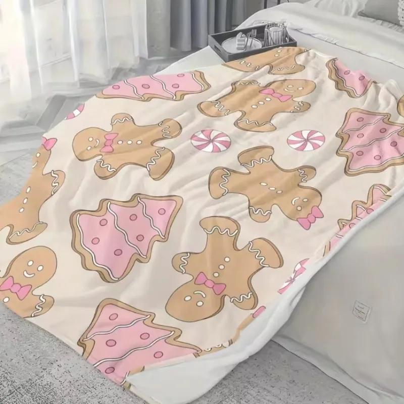 1pc Flannel Blanket Christmas Theme Pink Gingerbread Biscuit Pattern, Can Be Used for Sofa Lunch Break Travel Holiday Gift
