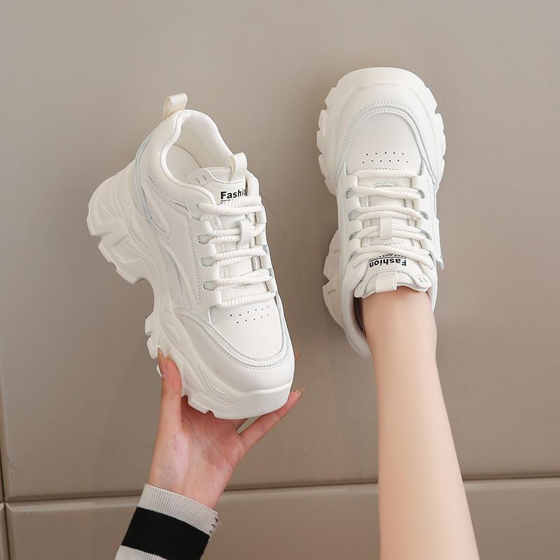 

Модные модные кроссовки на шнуровке на массивной подошве для женщин, удобные дышащие платформенные спортивные туфли, женские туфли для бега из ПУ кожи с толстой подошвой 35 бежевый