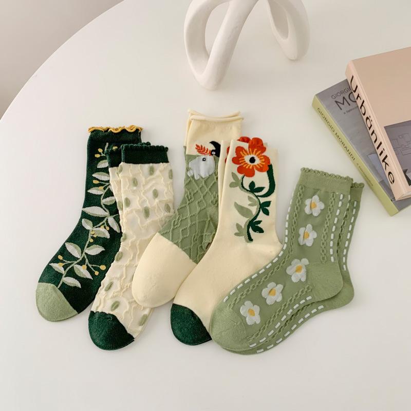 5 Pairs  Socks Women's New Spring and Summer Tube Socks Fashionable Retro Three-dimensional Flower Casual Breathable Women's Socks