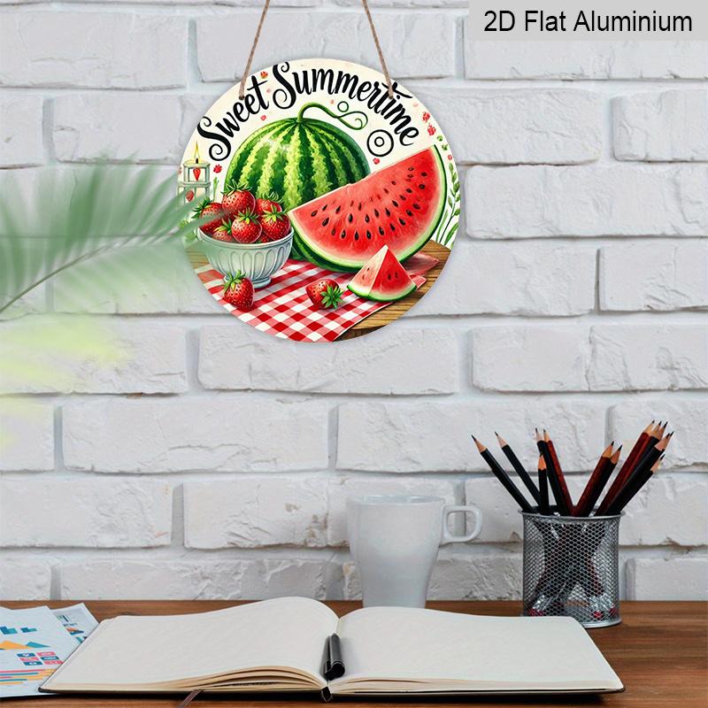 2D Flat, 1pc Retro "Sweet Summertime" Round Aluminum Metal Sign, Watermelon & Strawberry with Checkered Picnic Cloth Weatherproof Design, Durable