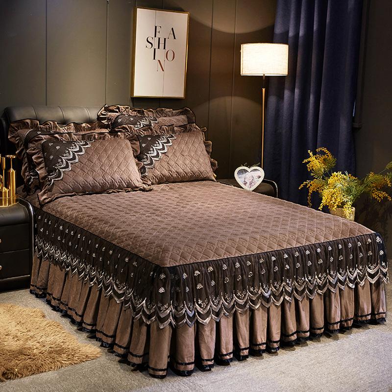 European-style Crystal Velvet Quilted Bed Skirt Single Piece Autumn Winter Thickened Lace Bedspread Bed Cover Non-slip Sheets