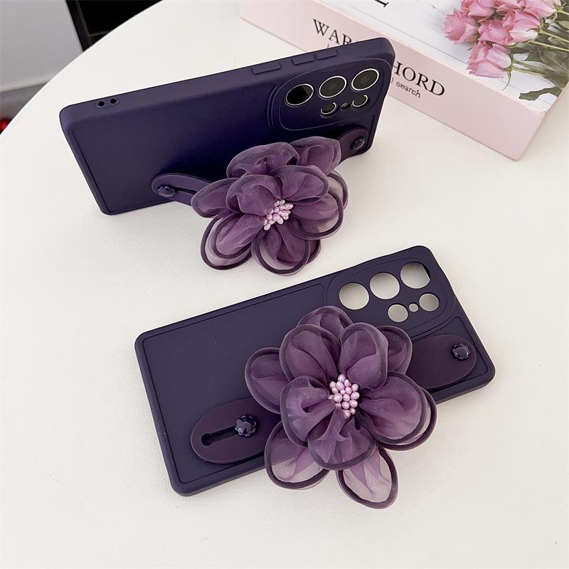 Luxury Dark Purple Ice Velvet Flower Case with Wrist Strap for Samsung S22FE & S23ULTRA