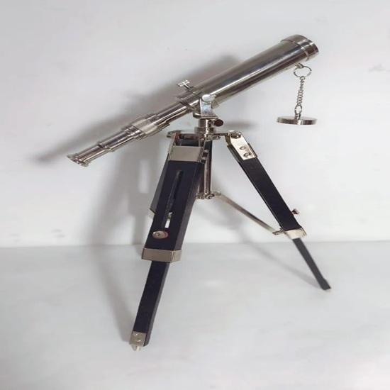 Handmade Brass Spyglass Telescope Chrome Finish, 38.1 Cm Wooden Tripod Home Office Decoration Gifting